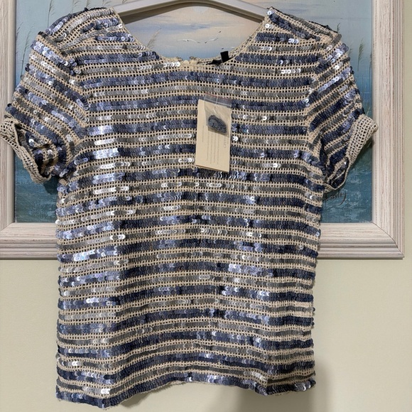 Gryphon Tops - Gryphon Blue and Cream Sequin Crop Top size XS